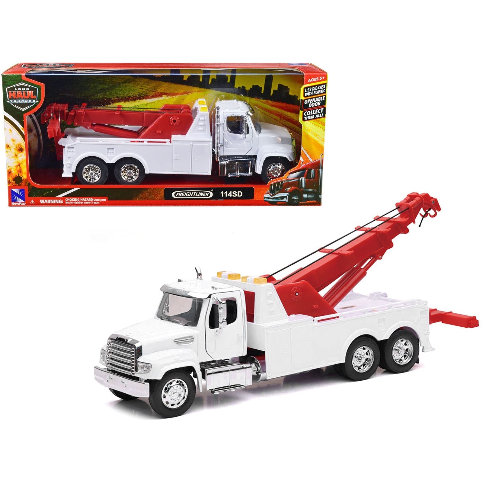 Freightliner 114SD Tow Truck White and Red "Long Haul Trucker" Series 1/32 Diecast Model by New Ray - New Ray - ModelCars.com