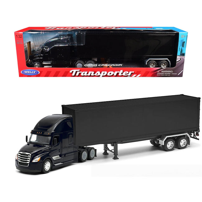 Freightliner Cascadia Truck Black with Plain Black Box Trailer 1/32 Diecast Model by Welly-Welly-ModelCars.com