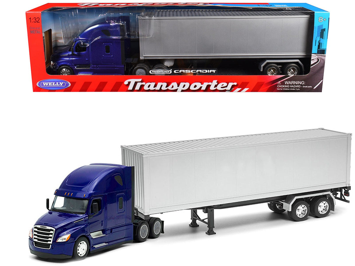 Freightliner Cascadia Truck Blue Metallic with Gray Container "Transporter" Series 1/32 Diecast Model by Welly-Welly-ModelCars.com