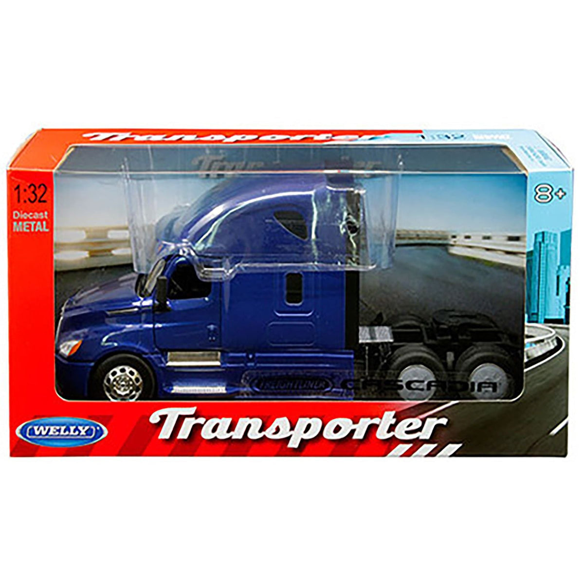 Freightliner Cascadia Truck Blue "Transporter" 1/32 Diecast Model by Welly-Welly-ModelCars.com
