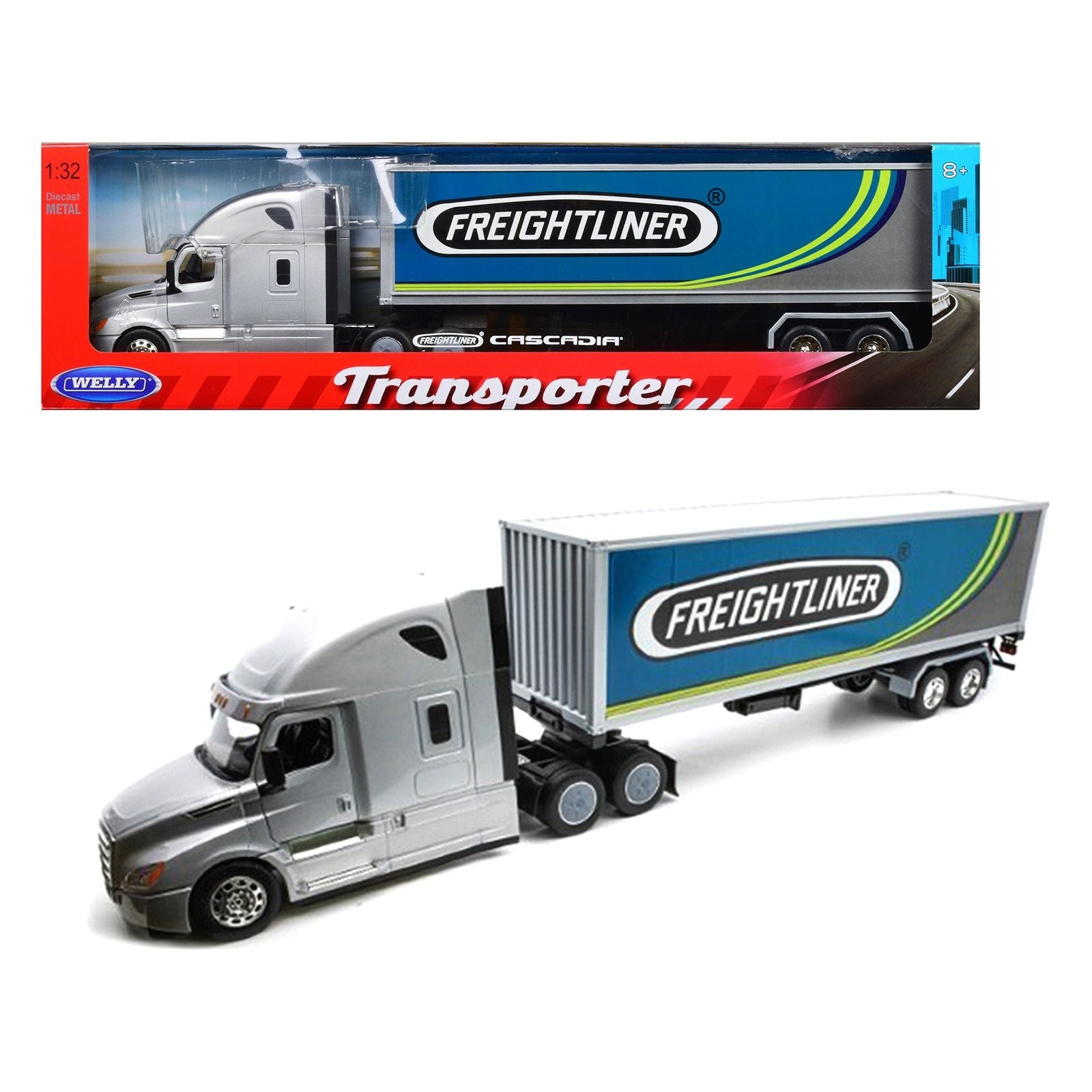 Freightliner Cascadia Truck Silver Metallic with "Freightliner" Container 1/32 Diecast Model by Welly - Welly - ModelCars.com