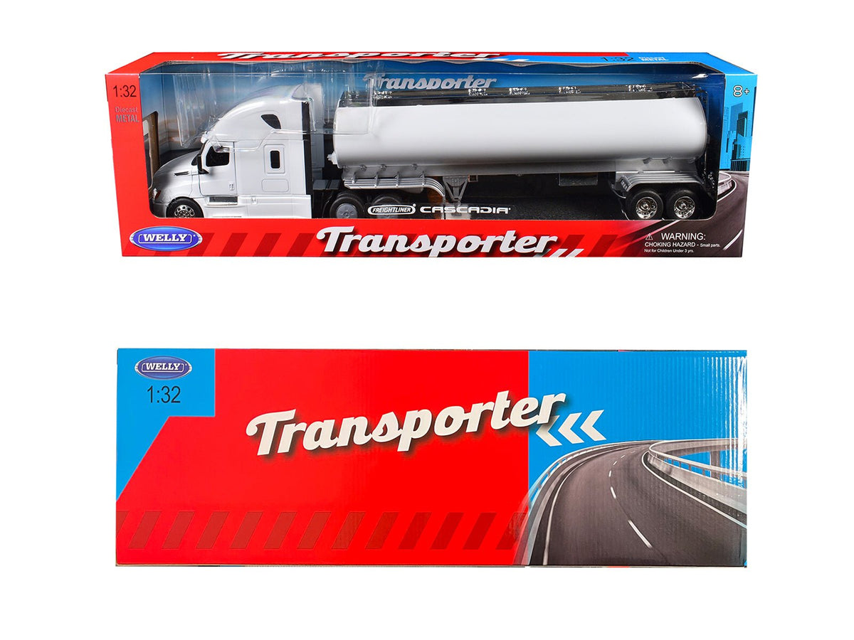 Freightliner Cascadia Truck White with White Tanker Trailer "Transporter" Series 1/32 Diecast Model by Welly-Welly-ModelCars.com