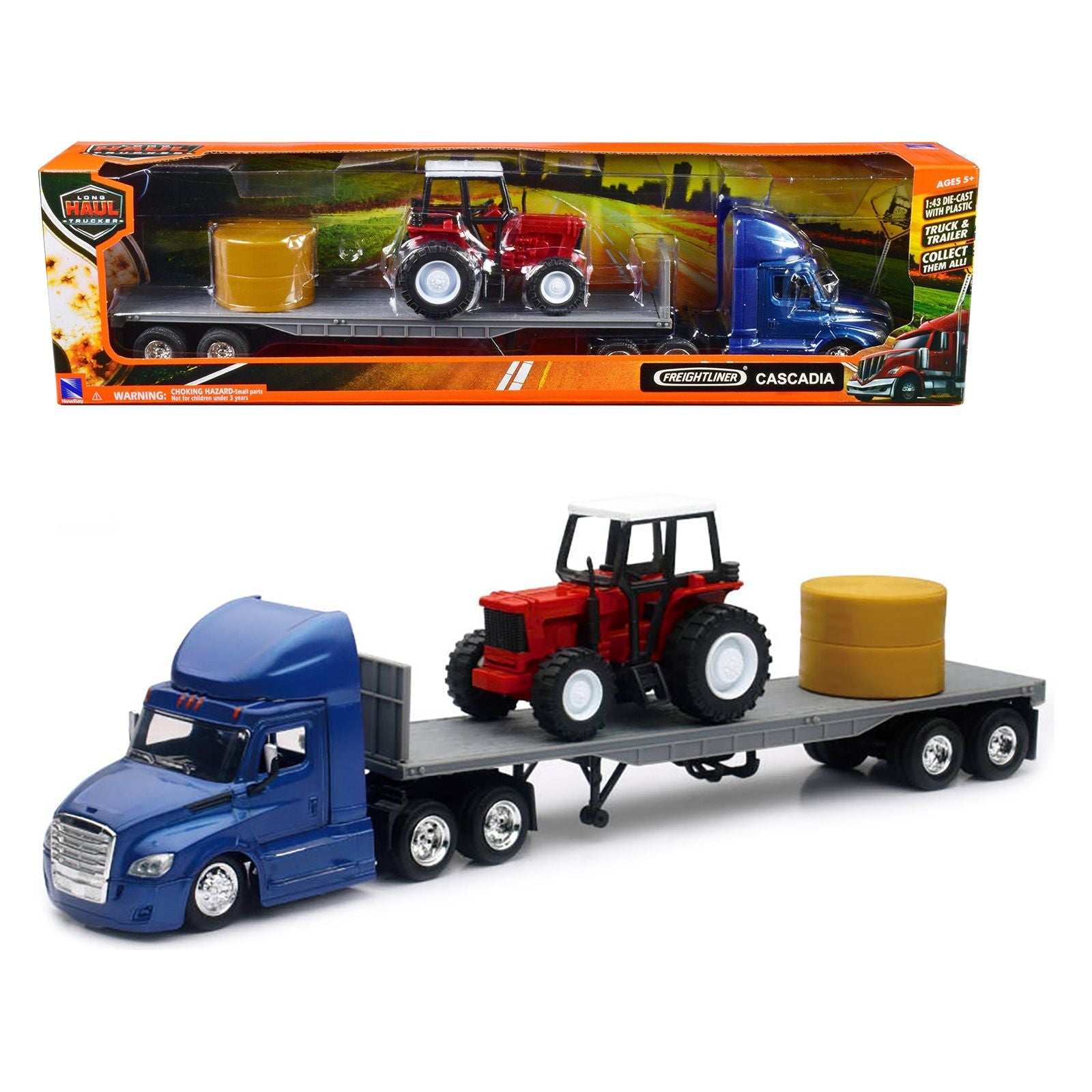 Freightliner Cascadia with Flatbed Trailer Blue with Farm Tractor Red and Hay Bales "Long Haul Trucker" Series 1/43 Diecast Model by New Ray - New Ray - ModelCars.com