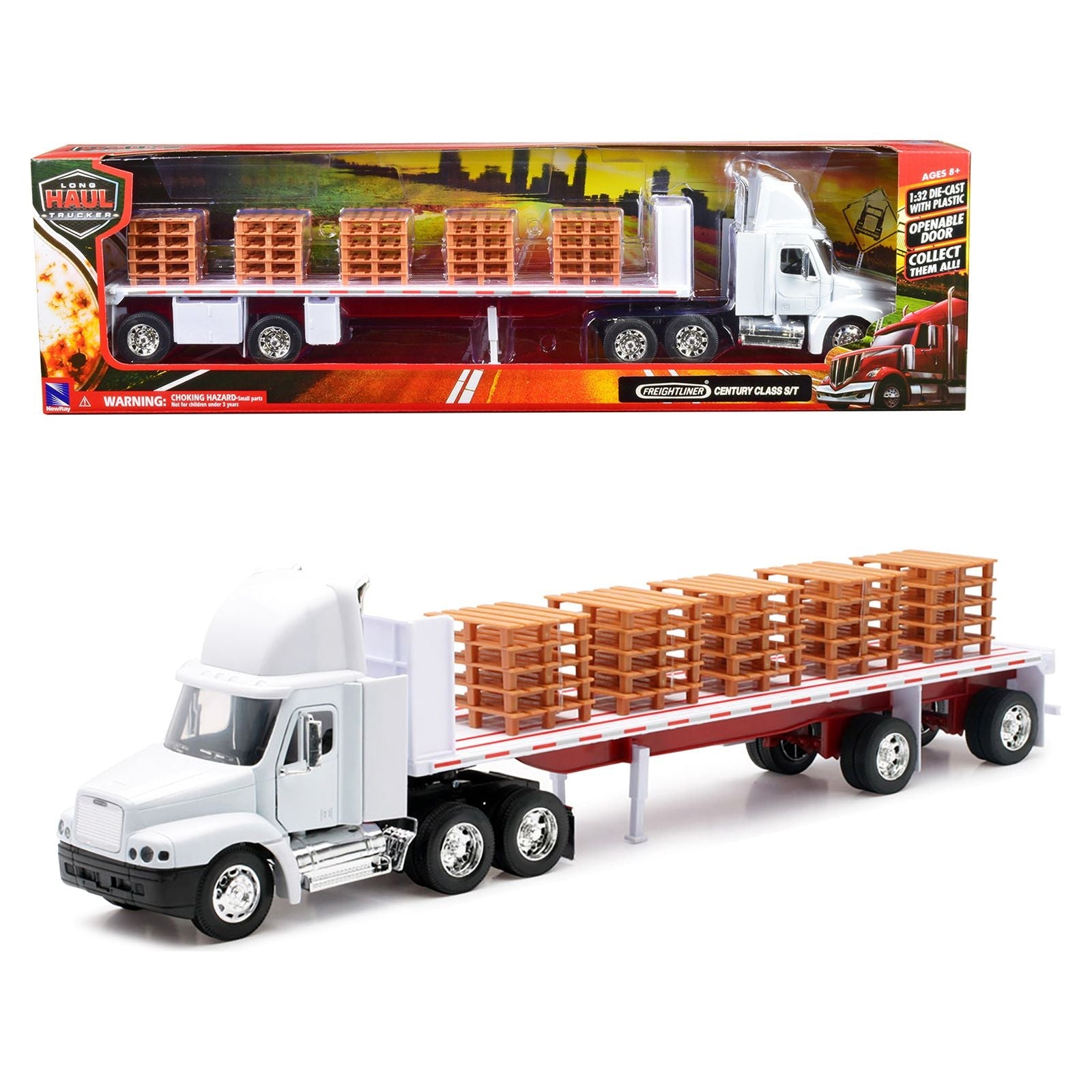 Freightliner Century Class S/T Flatbed Truck White with Pallet Accessories "Long Haul Trucker" Series 1/32 Diecast Model by New Ray - New Ray - ModelCars.com