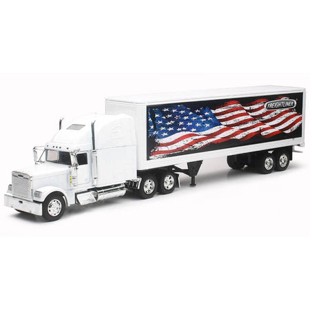Freightliner Classic XL Truck White with Dry Van Trailer White with Patriotic Graphic "Long Haul Truckers" Series 1/32 Diecast Model by New Ray-New Ray-ModelCars.com