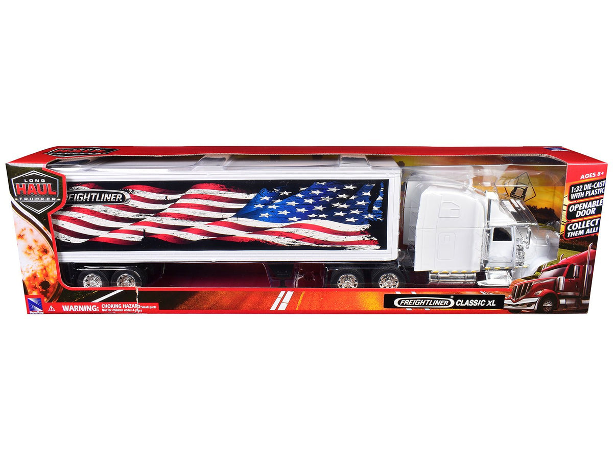 Freightliner Classic XL Truck White with Dry Van Trailer White with Patriotic Graphic "Long Haul Truckers" Series 1/32 Diecast Model by New Ray-New Ray-ModelCars.com
