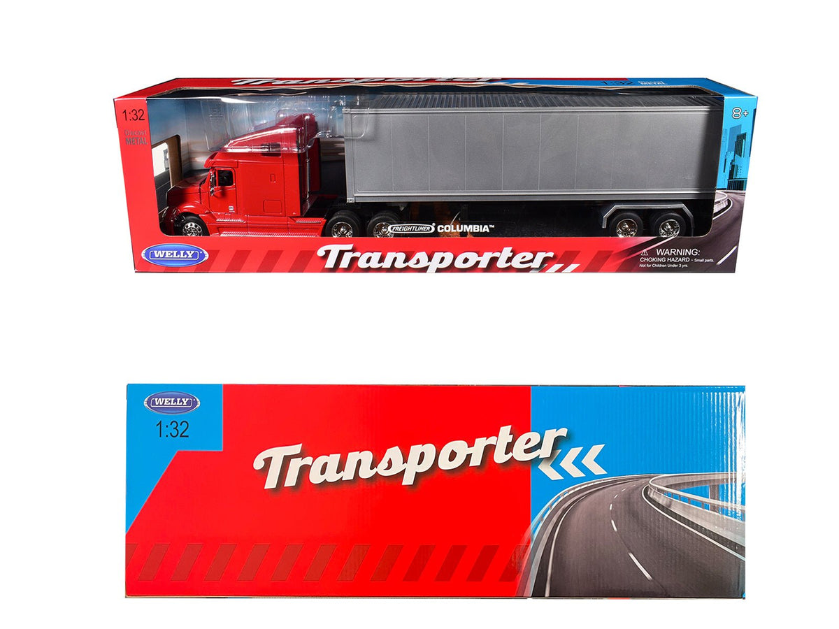Freightliner Columbia Truck Red with Gray Container 1/32 Diecast Model by Welly-Welly-ModelCars.com