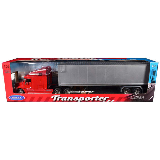 Freightliner Columbia Truck Red with Gray Container 1/32 Diecast Model by Welly-Welly-ModelCars.com
