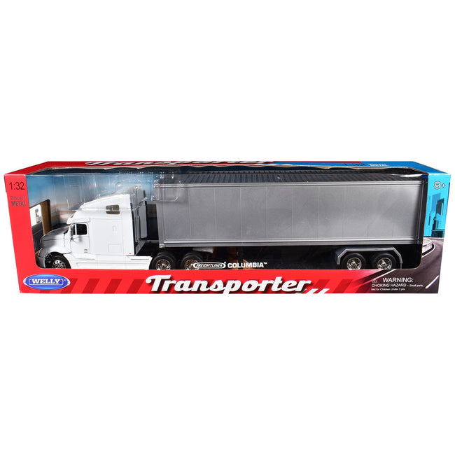 Freightliner Columbia Truck White with Gray Container 1/32 Diecast Model by Welly-Welly-ModelCars.com
