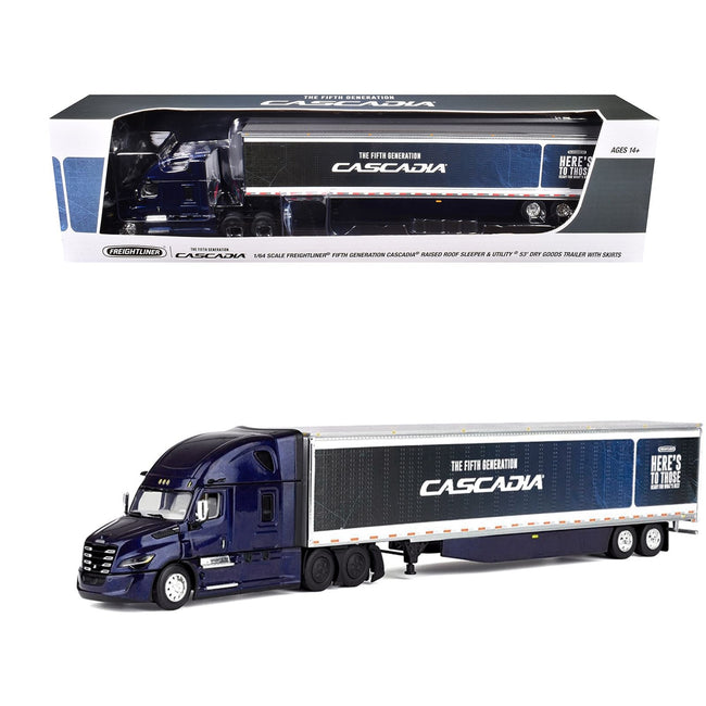 Freightliner Fifth Generation Cascadia Raised Roof Sleeper & 53' Utility Trailer with Skirts Midnight Blue 1/64 Diecast Model by DCP/First Gear-First Gear-ModelCars.com