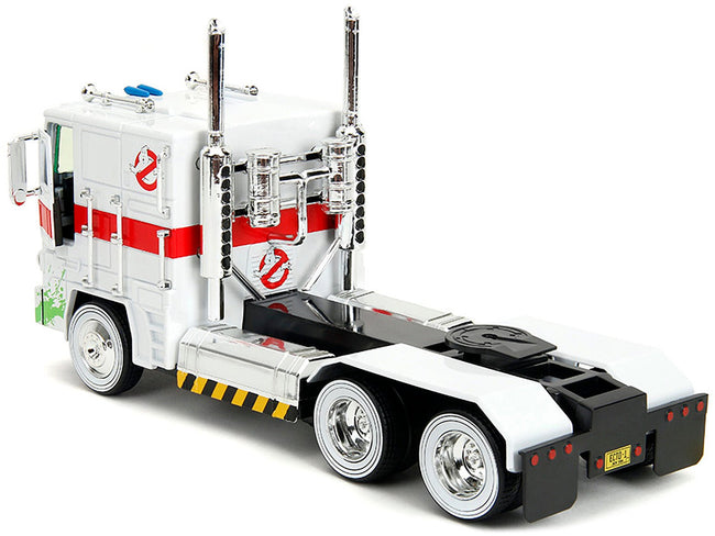 G1 Autobot Optimus Prime Truck White with Robot on Chassis from "Transformers" TV Series - "Ghostbusters" (1984) Movie Crossover "Hollywood Rides" Series 1/24 Diecast Model by Jada-Jada-ModelCars.com