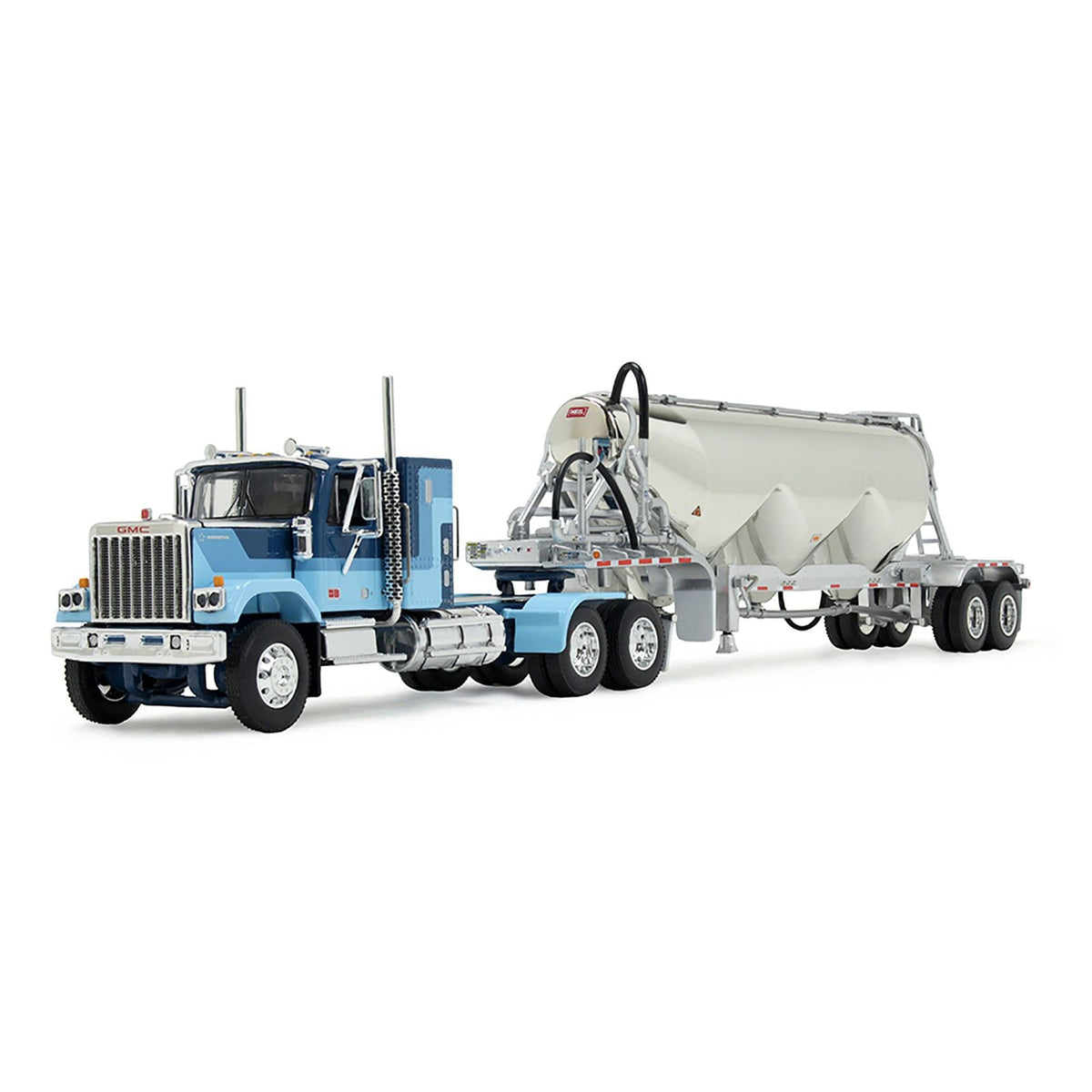 GMC General with 34" Flat Top Sleeper and Heil Pneumatic Tank Trailer Blue with Stripes 1/64 Diecast Model by DCP/First Gear-First Gear-ModelCars.com