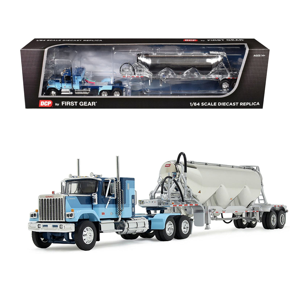 GMC General with 34" Flat Top Sleeper and Heil Pneumatic Tank Trailer Blue with Stripes 1/64 Diecast Model by DCP/First Gear-First Gear-ModelCars.com