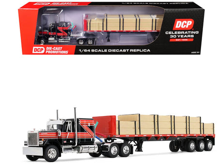GMC General with 60" Flat Top Sleeper & 48' Utility Flatbed Trailer with Lumber Load Black with Red Stripes 1/64 Diecast Model by First Gear-First Gear-ModelCars.com