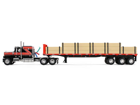 GMC General with 60" Flat Top Sleeper & 48' Utility Flatbed Trailer with Lumber Load Black with Red Stripes 1/64 Diecast Model by First Gear-First Gear-ModelCars.com