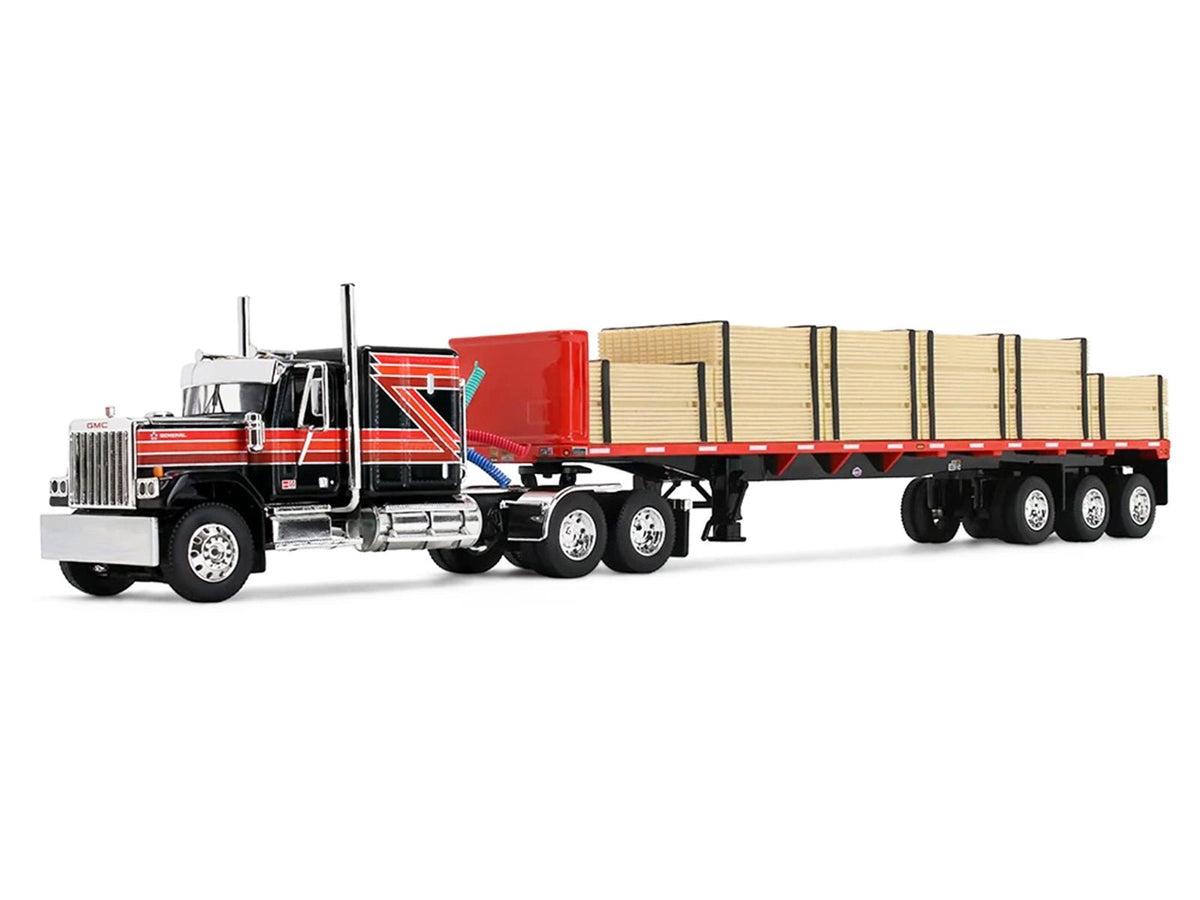 GMC General with 60" Flat Top Sleeper & 48' Utility Flatbed Trailer with Lumber Load Black with Red Stripes 1/64 Diecast Model by First Gear-First Gear-ModelCars.com