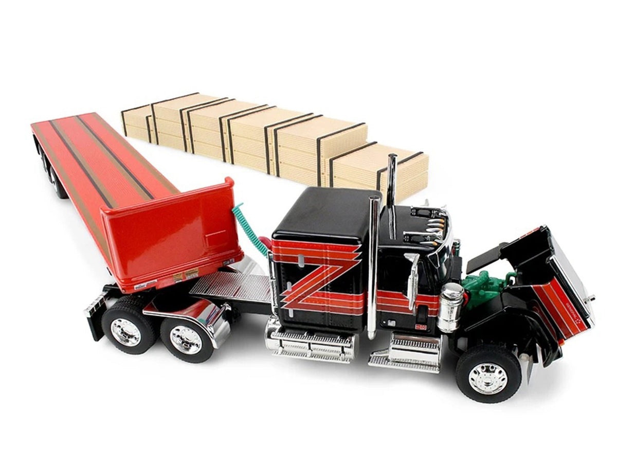 GMC General with 60" Flat Top Sleeper & 48' Utility Flatbed Trailer with Lumber Load Black with Red Stripes 1/64 Diecast Model by First Gear-First Gear-ModelCars.com