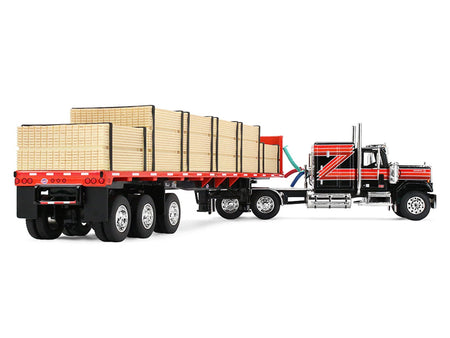 GMC General with 60" Flat Top Sleeper & 48' Utility Flatbed Trailer with Lumber Load Black with Red Stripes 1/64 Diecast Model by First Gear-First Gear-ModelCars.com