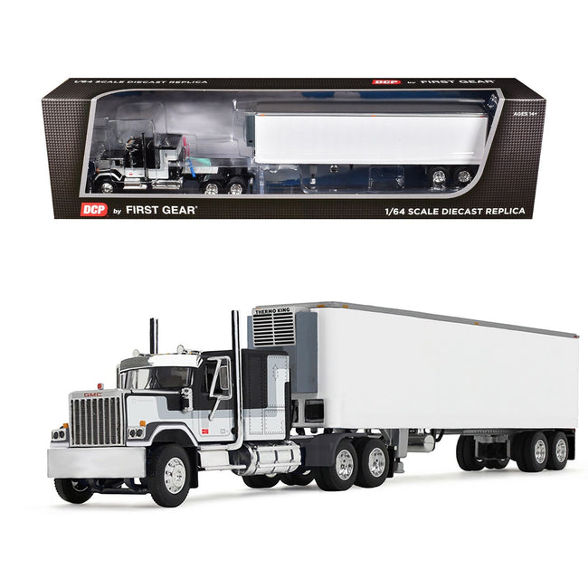 GMC General with 60" Flat Top Sleeper and 40' Vintage Refrigerated Trailer Black with Gray and White Stripes 1/64 Diecast Model by DCP/First Gear-First Gear-ModelCars.com