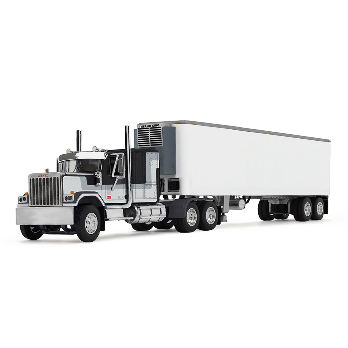 GMC General with 60" Flat Top Sleeper and 40' Vintage Refrigerated Trailer Black with Gray and White Stripes 1/64 Diecast Model by DCP/First Gear-First Gear-ModelCars.com