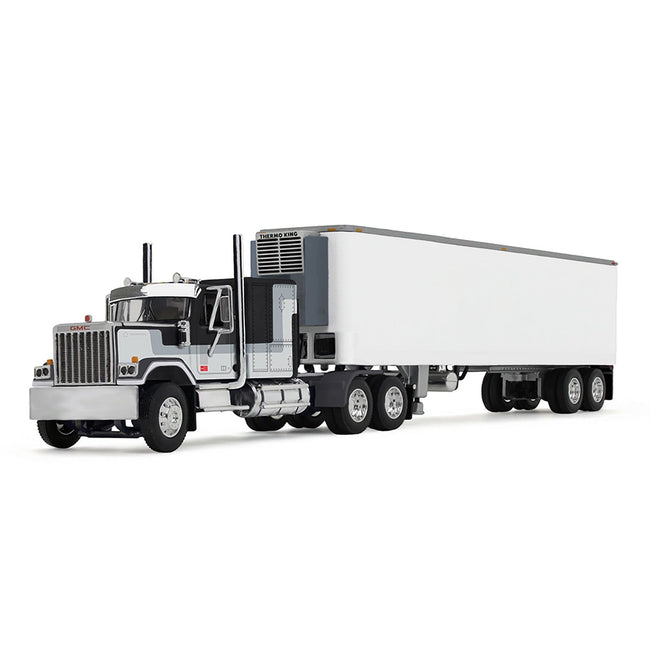 GMC General with 60" Flat Top Sleeper and 40' Vintage Refrigerated Trailer Black with Gray and White Stripes 1/64 Diecast Model by DCP/First Gear-First Gear-ModelCars.com