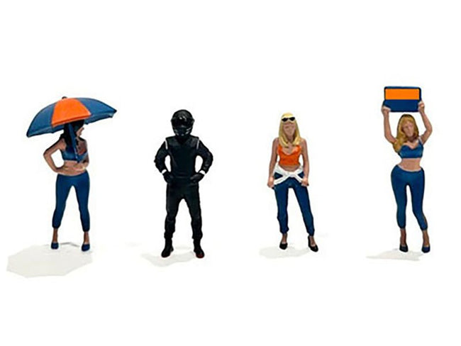 "Grid Girls" 5 piece Diecast Figure Set (4 People Figures 1 Umbrella) Limited Edition to 3600 pieces Worldwide for 1/64 Scale Models by American Diorama-American Diorama-ModelCars.com