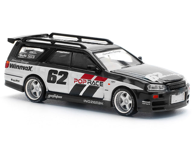 GT-R Stagea RHD (Right Hand Drive) #62 "Simon's Garage" Black with White Sides 1/64 Diecast Model Car by Pop Race-Pop Race-ModelCars.com