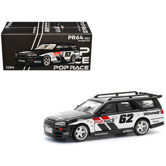 GT-R Stagea RHD (Right Hand Drive) #62 "Simon's Garage" Black with White Sides 1/64 Diecast Model Car by Pop Race-Pop Race-ModelCars.com