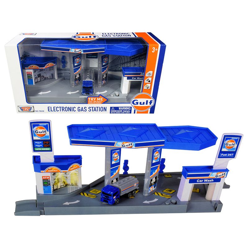 "Gulf" Electronic Gas Station Diorama with Light and Sound and Tanker Truck 1/64 Model by Motormax - Motormax - ModelCars.com