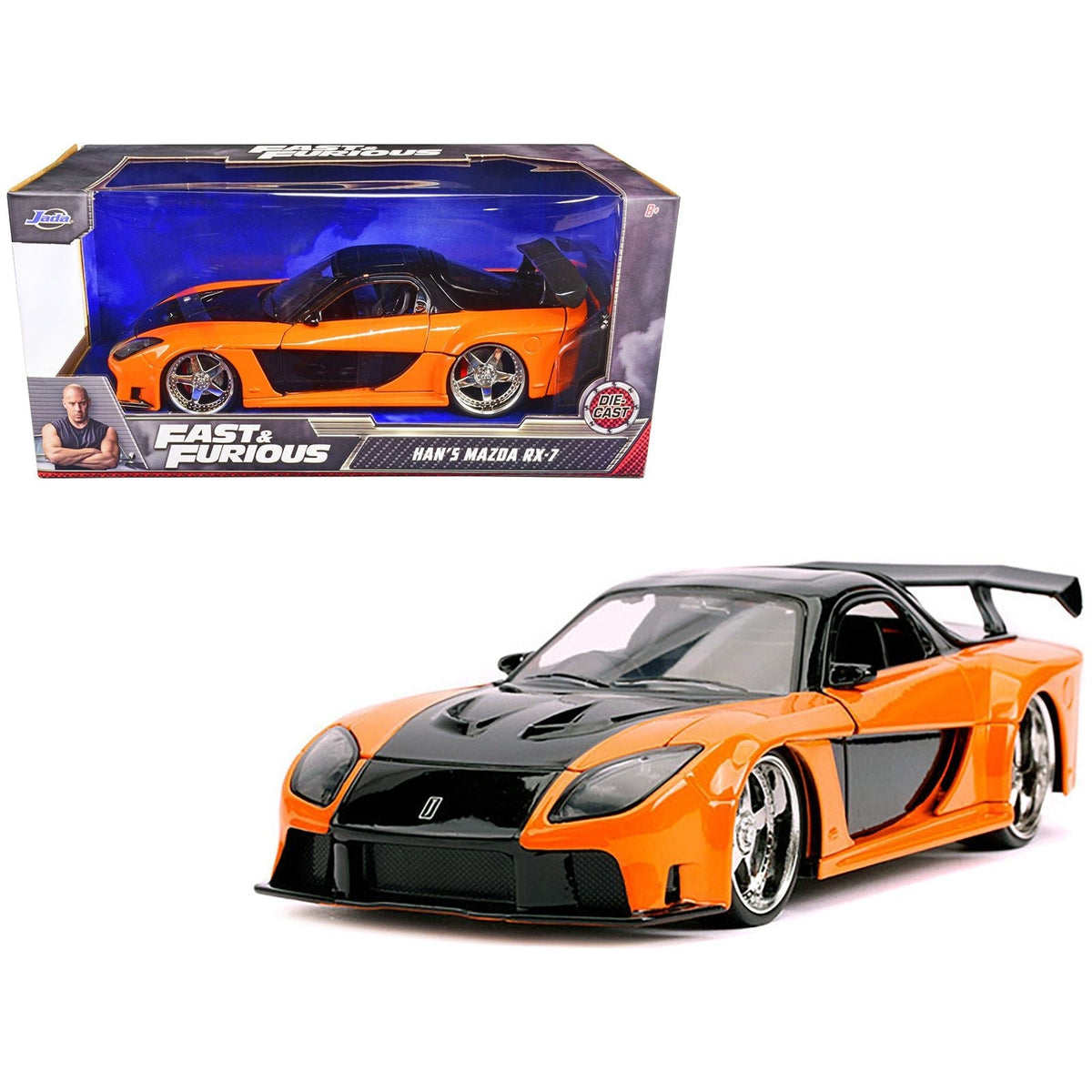 Han's Mazda RX-7 RHD (Right Hand Drive) Orange and Black "Fast & Furious" Movie 1/24 Diecast Model Car by Jada-Jada-ModelCars.com