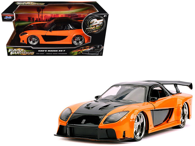 Han's Mazda RX-7 RHD (Right Hand Drive) Orange and Black "The Fast and the Furious: Tokyo Drift" (2006) Movie "25 Years of Fast & Furious" Series 1/24 Diecast Model Car by Jada-Jada-ModelCars.com