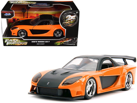 Han's Mazda RX-7 RHD (Right Hand Drive) Orange Metallic and Black "25 Years of Fast & Furious" "The Fast and the Furious: Tokyo Drift" (2006) Movie "Fast & Furious" Series 1/32 Diecast Model Car by Jada-Jada-ModelCars.com