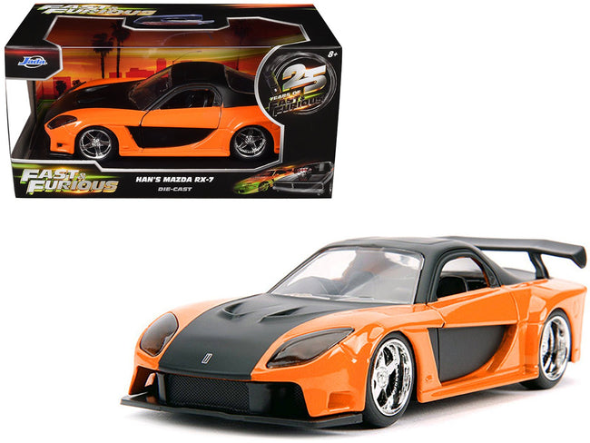 Han's Mazda RX-7 RHD (Right Hand Drive) Orange Metallic and Black "25 Years of Fast & Furious" "The Fast and the Furious: Tokyo Drift" (2006) Movie "Fast & Furious" Series 1/32 Diecast Model Car by Jada-Jada-ModelCars.com