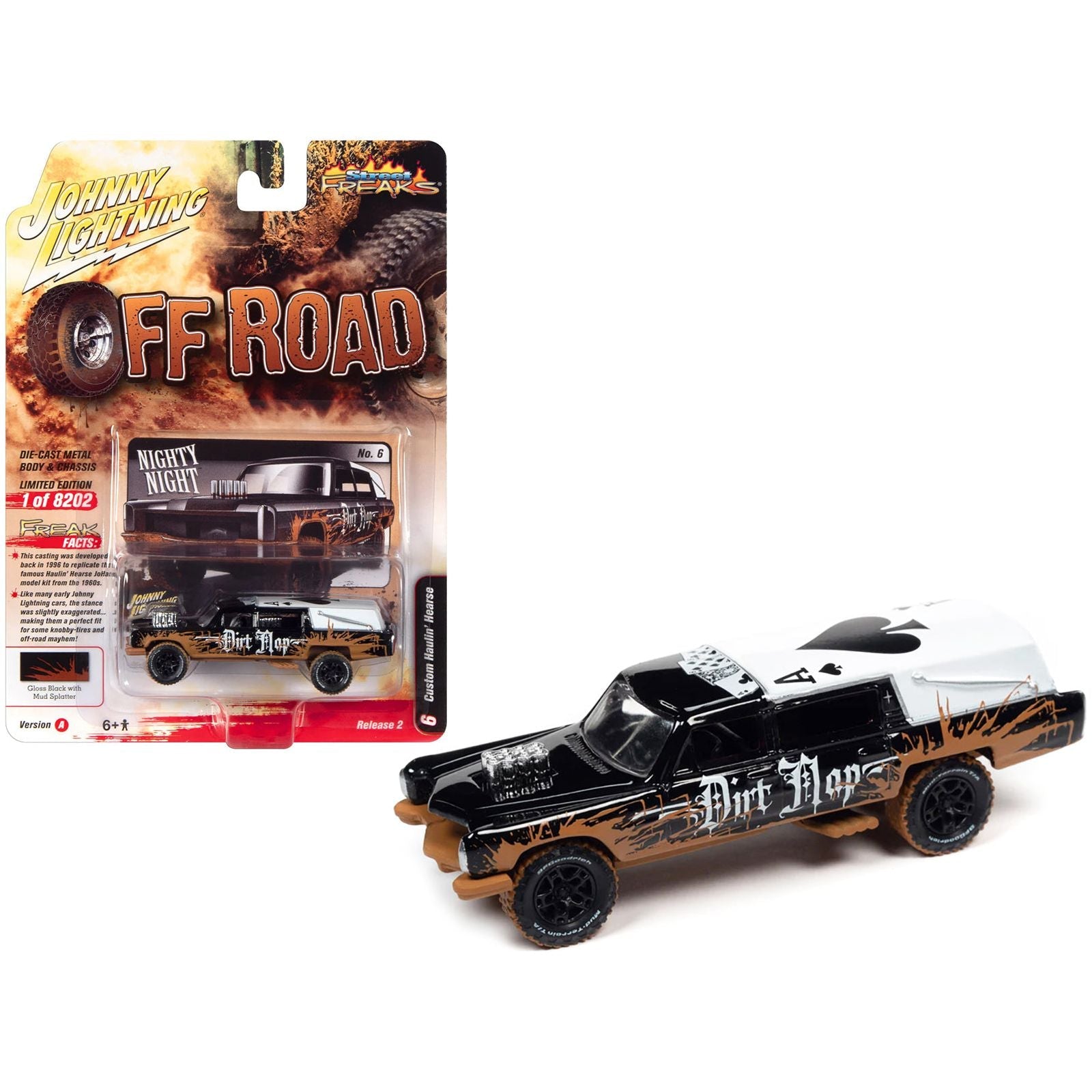 Haulin' Hearse Custom Black with Mud Graphics "Dirt Mop" "Off Road" Series Limited Edition to 8202 pieces Worldwide 1/64 Diecast Model Car by Johnny Lightning - Johnny Lightning - ModelCars.com