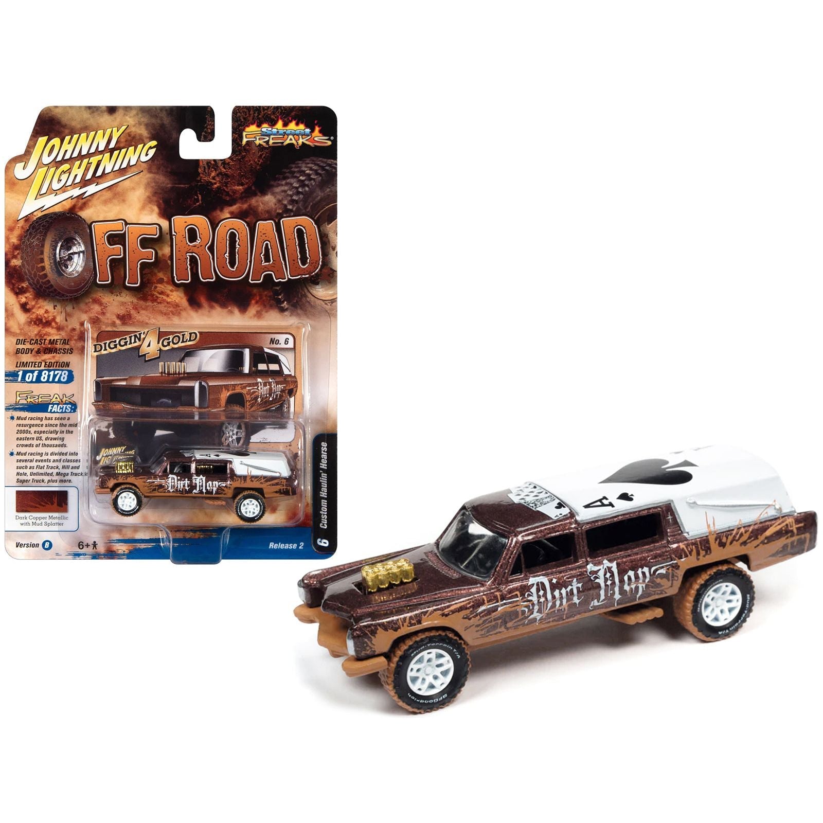 Haulin' Hearse Custom Dark Copper Metallic with Mud Graphics "Dirt Mop" "Off Road" Series Limited Edition to 8178 pieces Worldwide 1/64 Diecast Model Car by Johnny Lightning - Johnny Lightning - ModelCars.com