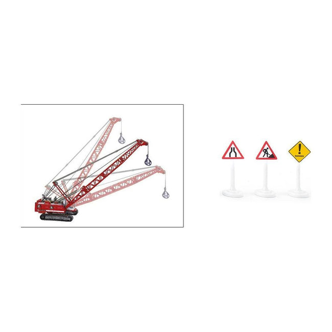 Heavy Haulage Transporter Green and Liebherr Cable Excavator Red with Wrecking Ball and Signs 1/87 (HO) Diecast Models by Siku-SIKU-ModelCars.com