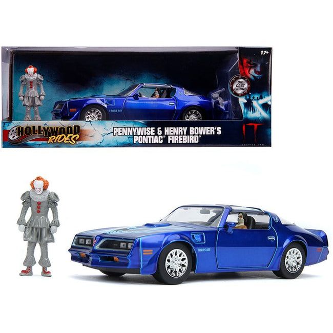 Henry Bower's Pontiac Firebird Trans Am Candy Blue with Pennywise Diecast Figurine "It Chapter Two" (2019) Movie 1/24 Diecast Model Car by Jada-Jada-ModelCars.com
