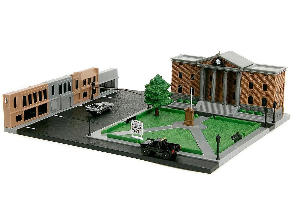 Hill Valley Courthouse Diorama with Black Pickup Truck and Delorean "Back to the Future" (1985) Movie "Nano Scene" Series Model by Jada-Jada-ModelCars.com