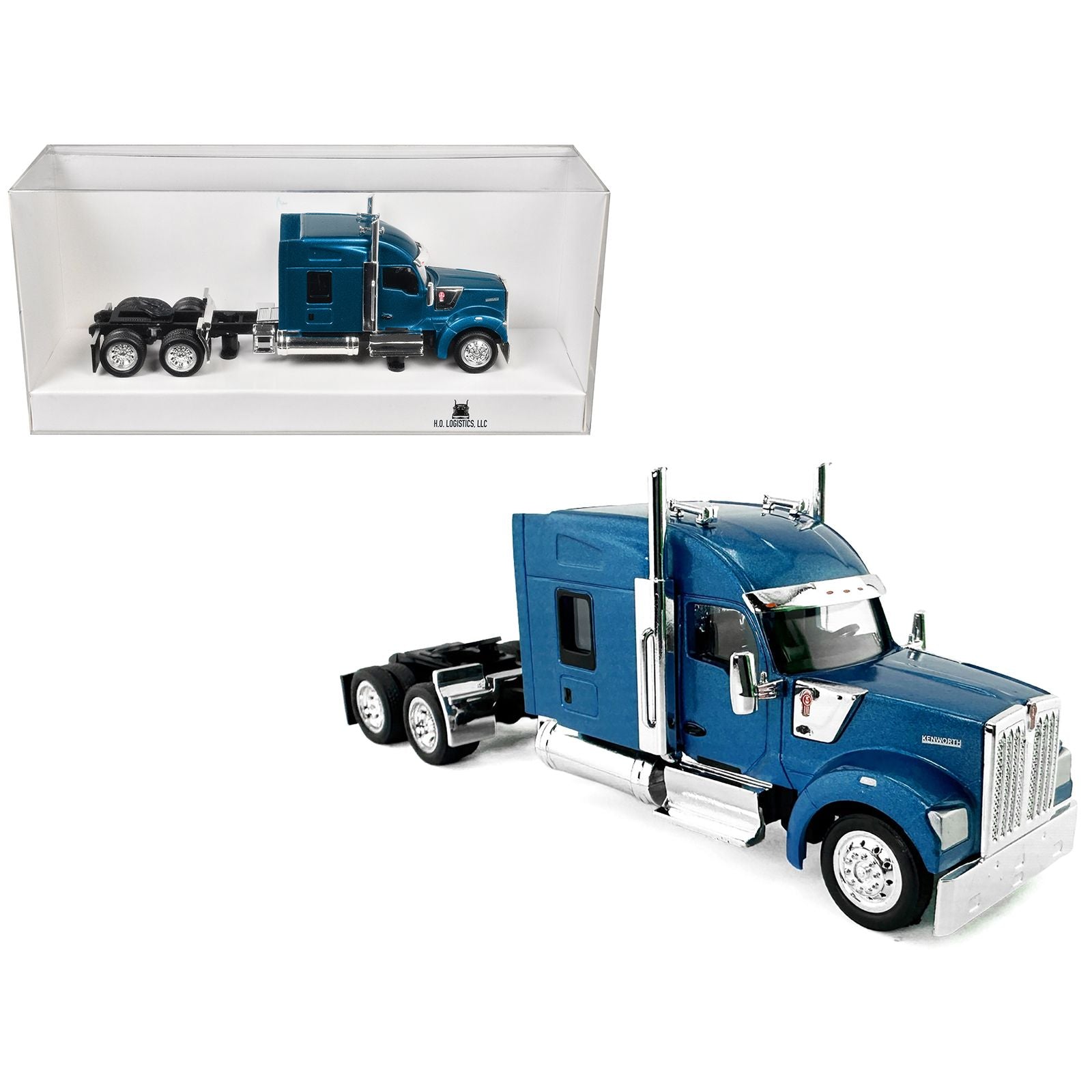 Kenworth W990 with Stand Up Sleeper Cab Blue Metallic 1/87 (HO) Plastic Model Car by HO Logistics