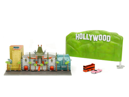 "Hollywood 100" Walk of Fame Diorama with Pink Convertible and Double-Decker Bus "Nano Scene" Series model by Jada-Jada-ModelCars.com