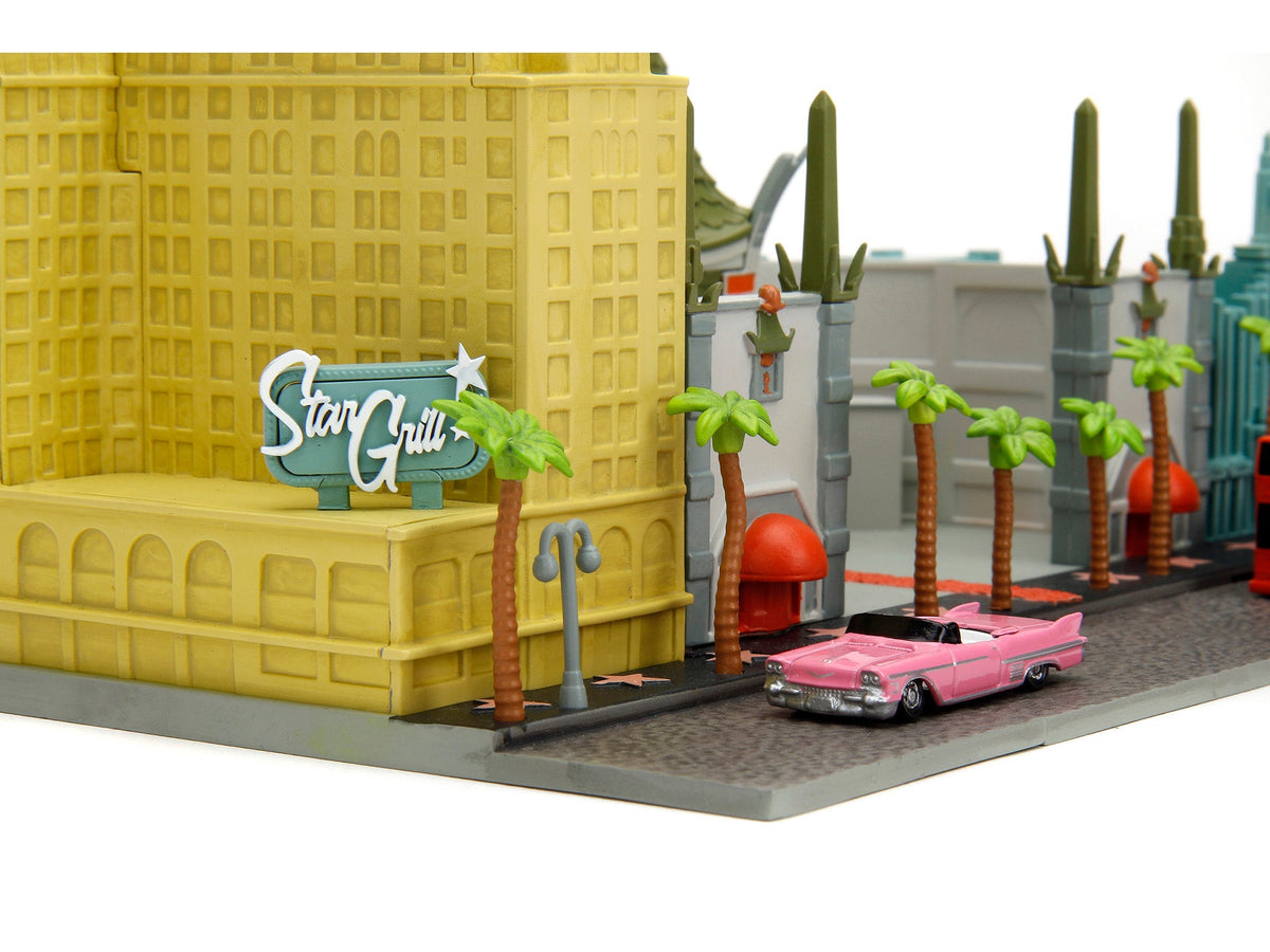 "Hollywood 100" Walk of Fame Diorama with Pink Convertible and Double-Decker Bus "Nano Scene" Series model by Jada-Jada-ModelCars.com