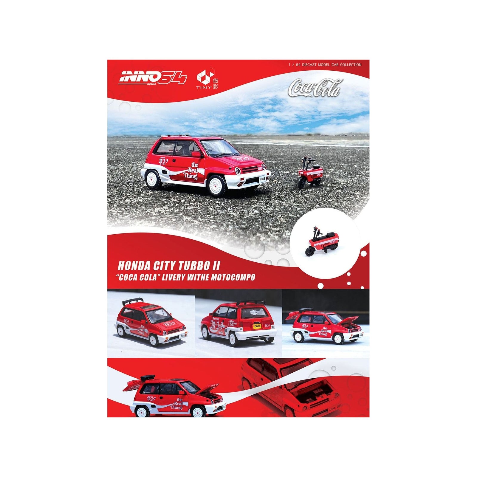 Honda City Turbo II RHD (Right Hand Drive) Red and White "Coca - Cola" with Honda Motocompo Scooter 1/64 Diecast Model Car by Inno Models - Inno Models - ModelCars.com