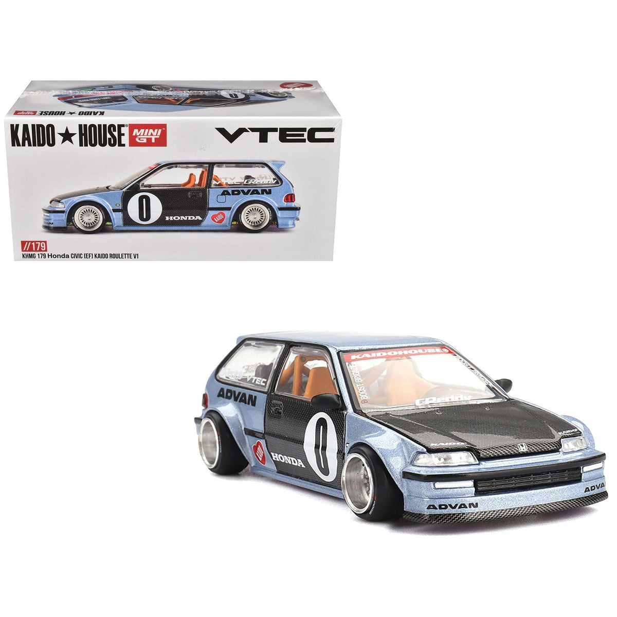 Honda Civic (EF) "Kaido Roulette V1" Blue Metallic with Carbon Hood and Doors (Designed by Jun Imai) "Kaido House" Special 1/64 Diecast Model Car by Mini GT-Mini GT-ModelCars.com