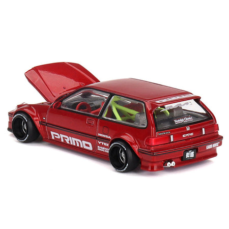 Honda Civic (EF) "Kaido Works V2" Red Metallic with Graphics (Designed by Jun Imai) "Kaido House" Special 1/64 Diecast Model Car by Mini GT-Mini GT-ModelCars.com
