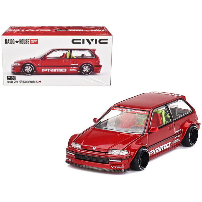 Honda Civic (EF) "Kaido Works V2" Red Metallic with Graphics (Designed by Jun Imai) "Kaido House" Special 1/64 Diecast Model Car by Mini GT - Mini GT - ModelCars.com