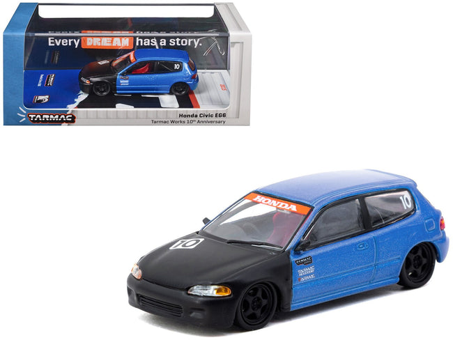 Honda Civic EG6 RHD (Right Hand Drive) #10 "Tarmac Works 10th Anniversary" Blue Metallic and Matt Black "Hobby64" Series 1/64 Diecast Model Car by Tarmac Works-Tarmac Works-ModelCars.com