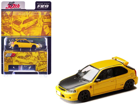 Honda Civic (EK9) RHD (Right Hand Drive) Yellow with Carbon Hood "Initial D" (1995-2013) Manga "Diorama Set Series" 1/64 Diecast Model car by Hobby Japan-Hobby Japan-ModelCars.com