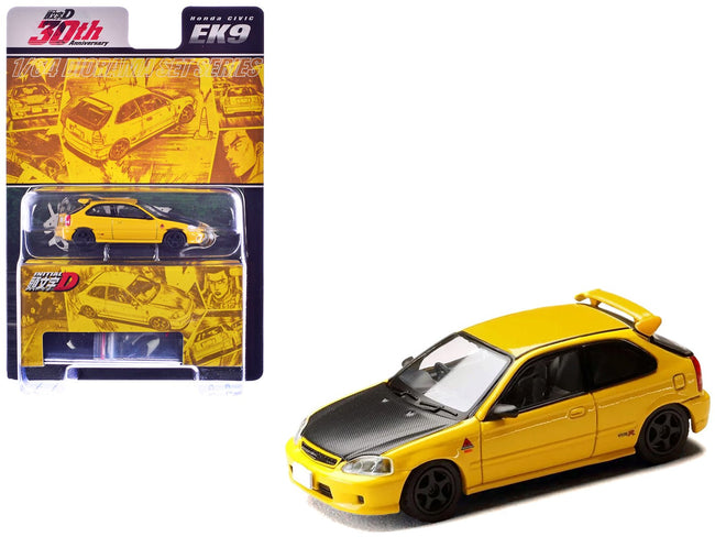 Honda Civic (EK9) RHD (Right Hand Drive) Yellow with Carbon Hood "Initial D" (1995-2013) Manga "Diorama Set Series" 1/64 Diecast Model car by Hobby Japan-Hobby Japan-ModelCars.com