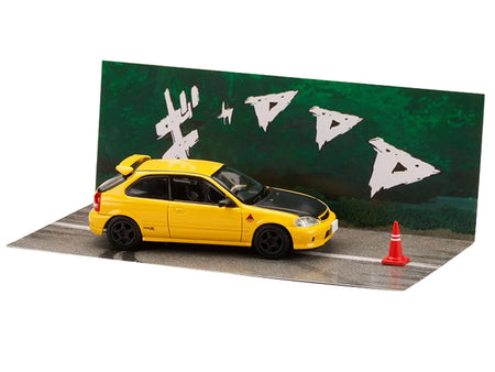 Honda Civic (EK9) RHD (Right Hand Drive) Yellow with Carbon Hood "Initial D" (1995-2013) Manga "Diorama Set Series" 1/64 Diecast Model car by Hobby Japan-Hobby Japan-ModelCars.com