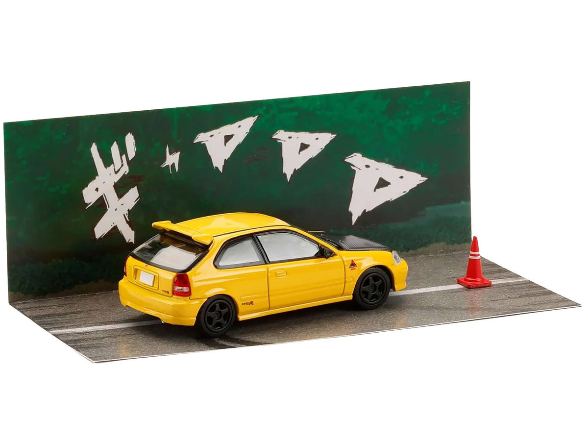 Honda Civic (EK9) RHD (Right Hand Drive) Yellow with Carbon Hood "Initial D" (1995-2013) Manga "Diorama Set Series" 1/64 Diecast Model car by Hobby Japan-Hobby Japan-ModelCars.com